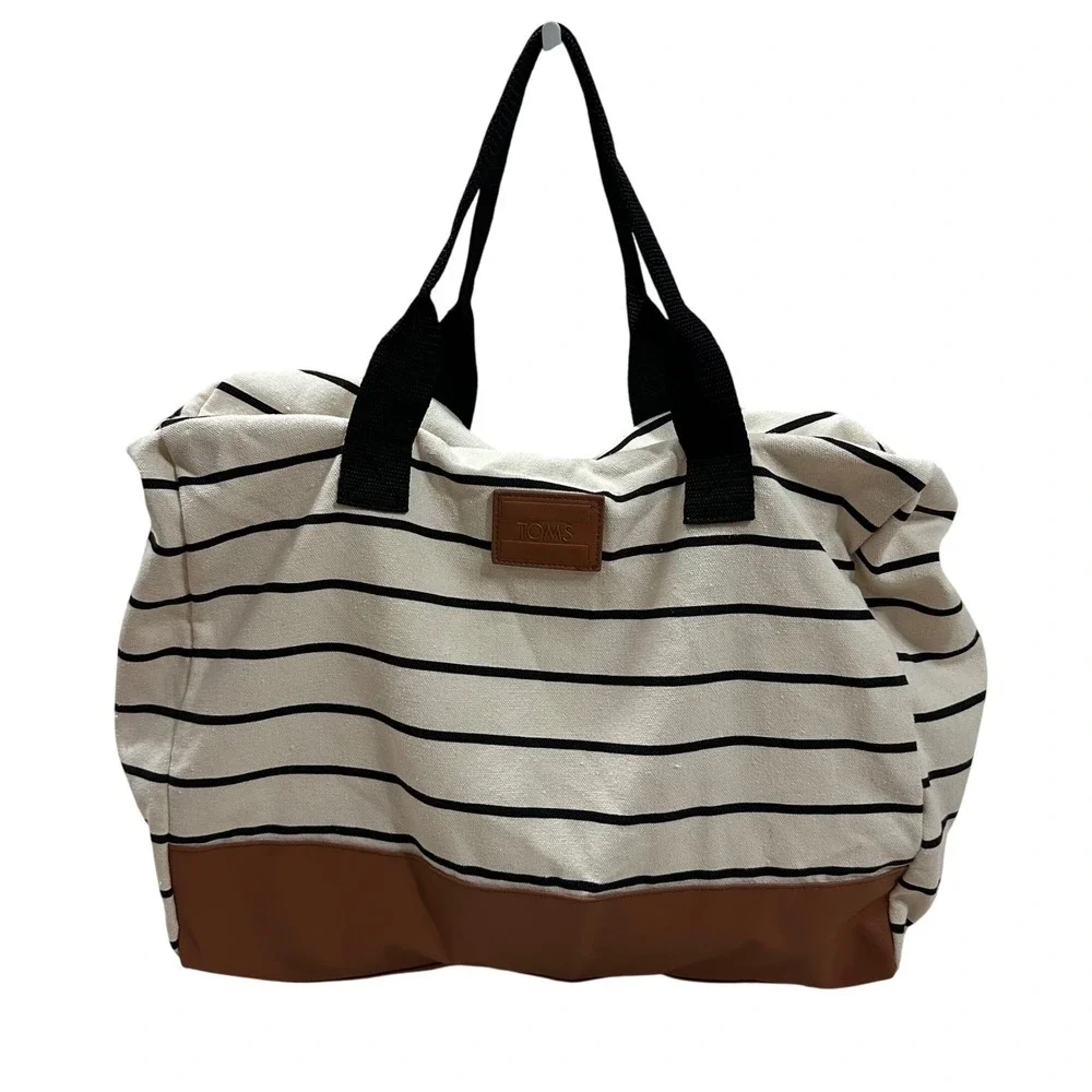 TOMS DSW Striped Canvas Tote Bag Cream Black Brown Vegan Leather Weekender Large